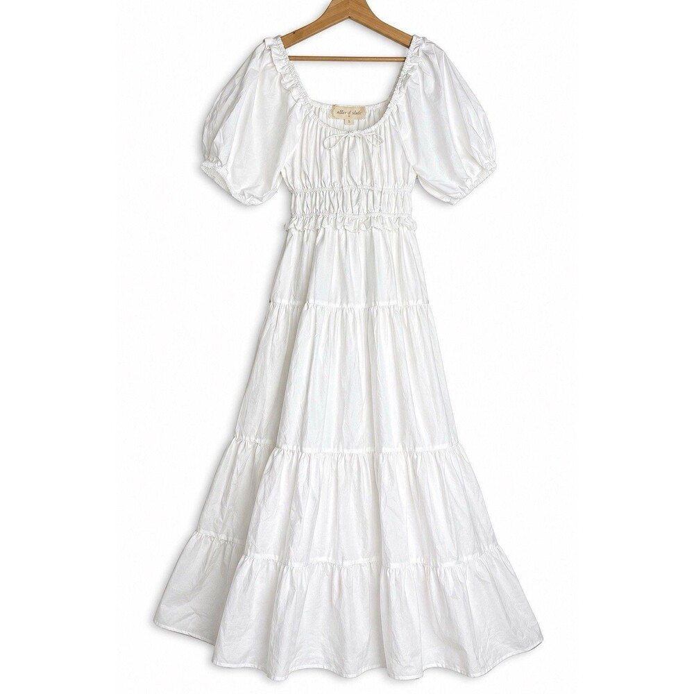 Alter'd State White Puff Sleeve Smocked Tiered Maxi Dress Boho Cottagecore S